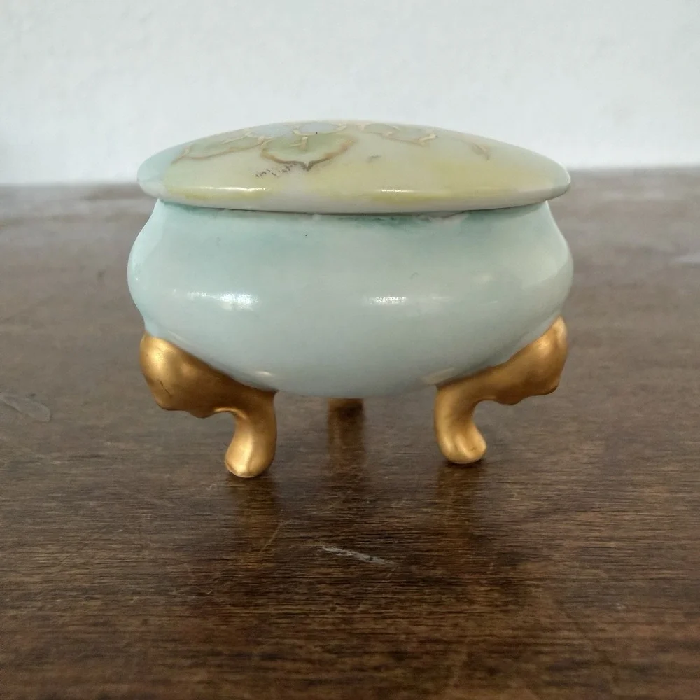 VTG English Blue Porcelain‎ Vanity Jewelry Trinket Dish Hand Painted Gold Floral